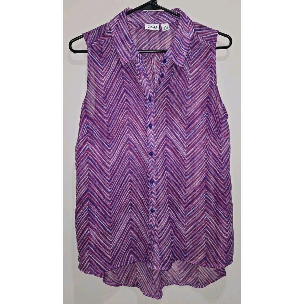 Cato Womens M Sheer Sleeveless Button Front Blouse Purple Pink Chevron High Low